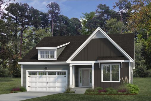 A modern house with a dark gray and white exterior featuring a gable roof, double garage, and a manicured lawn surrounded by trees.