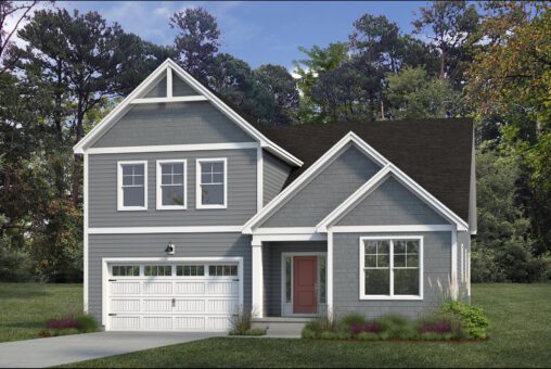 A two-story gray house with white trim, a dark shingled roof, and a double garage door. The house is surrounded by grass and trees.