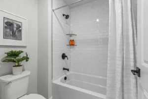 Modern bathroom at 5 Summertime Circle with white subway tiles, tub, showerhead, two shelves, and a plant on the toilet.