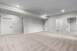 Spacious basement room on Summertime Circle with light gray walls, beige carpet, recessed lighting, and a visible bathroom.