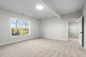 Empty room with beige carpet, white walls, and a window viewing Summertime Circles trees; door leads to another room.