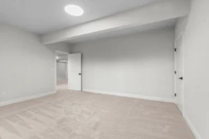 Empty room with a circular ceiling light, beige carpet, white walls, and an open door inviting summertime in.