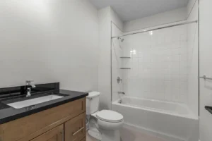 Minimalist bathroom in Summertime Circle with a wooden vanity, black countertop, and a sleek tiled shower-tub combo.